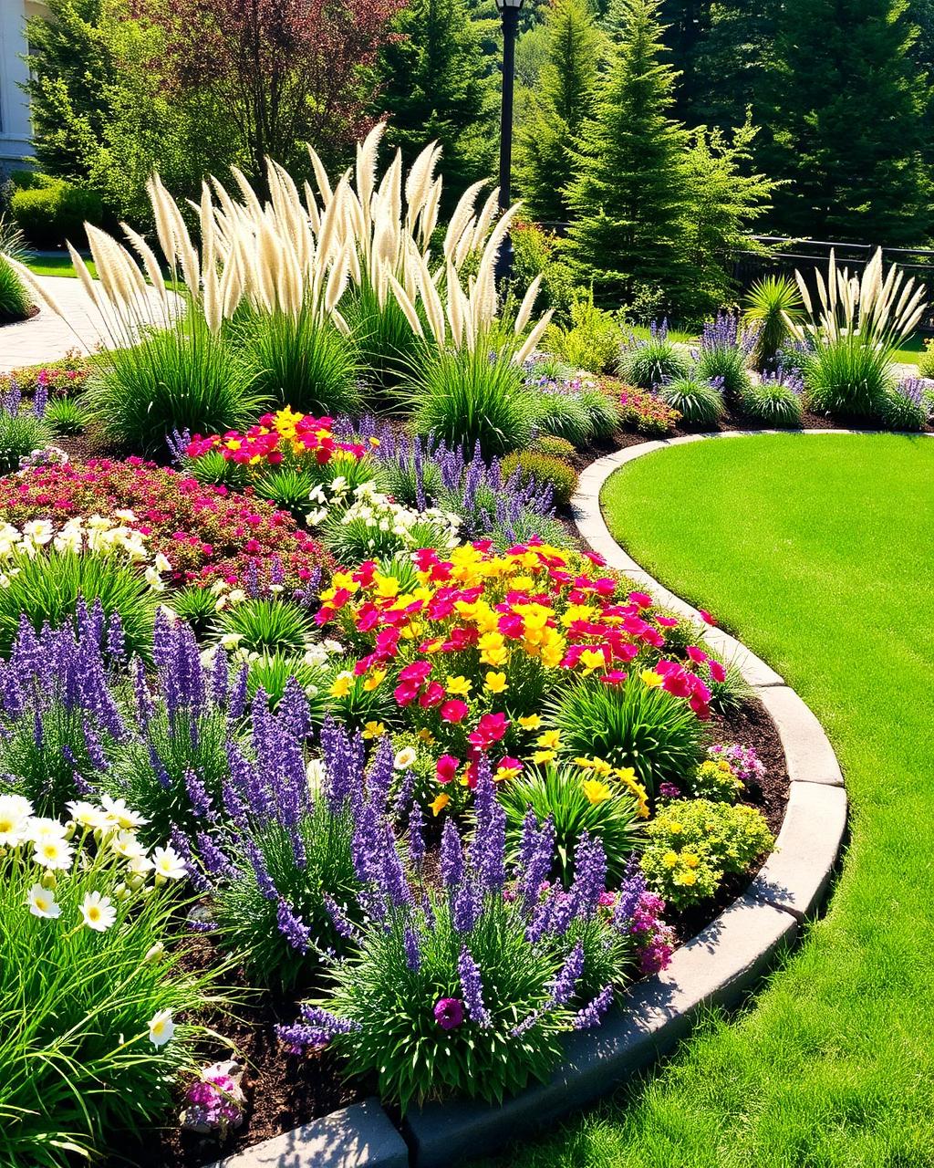 Landscape design with curved flower beds in Knoxville TN