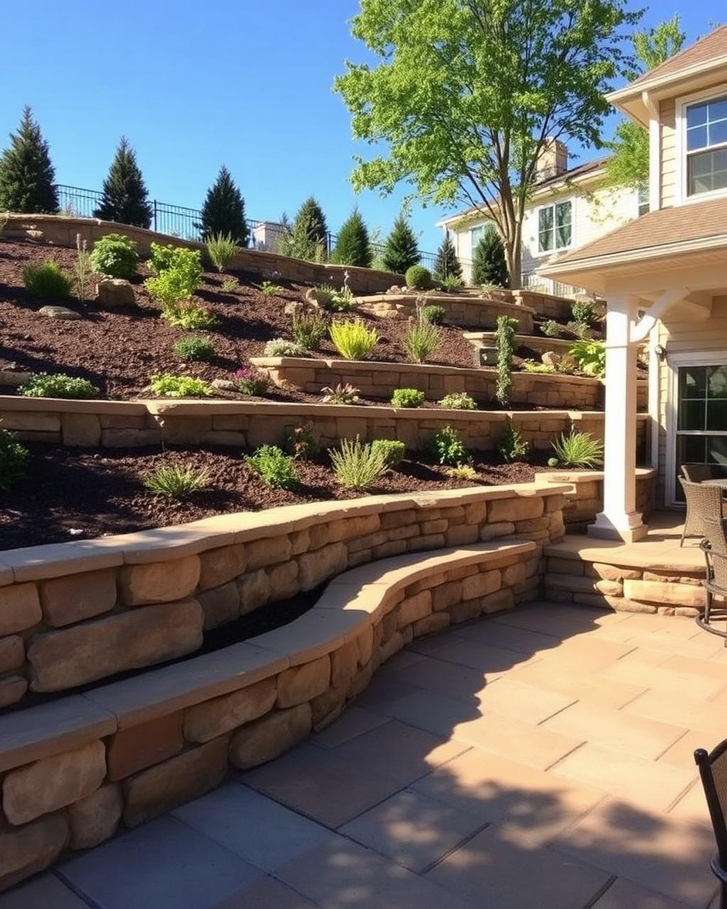 Tiered stone retaining wall hardscaping Knoxville