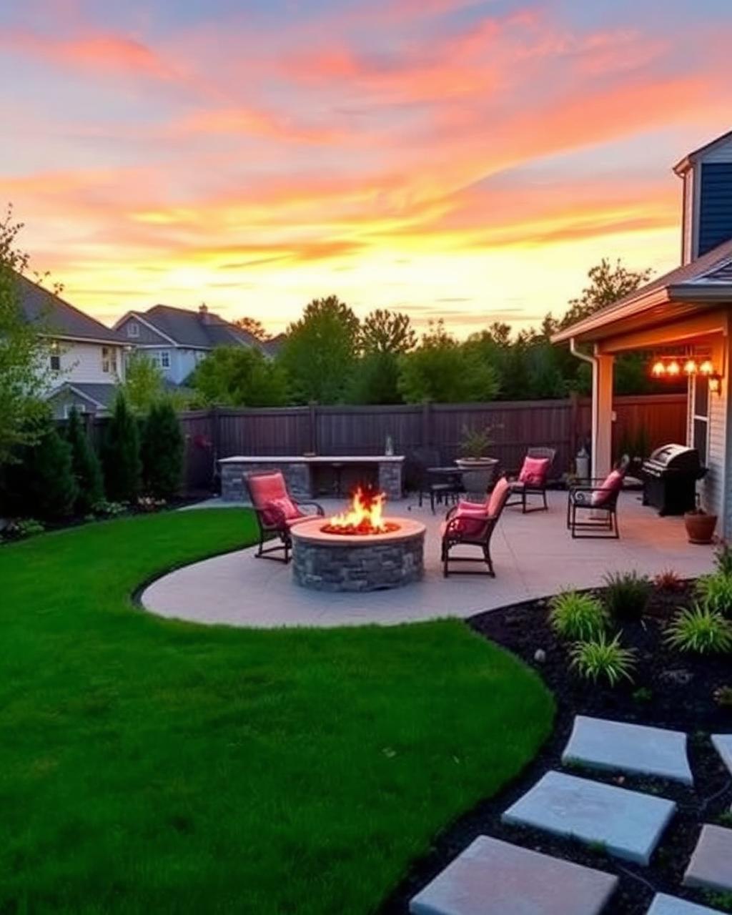 Backyard patio with fire pit and landscaped lawn Knoxville